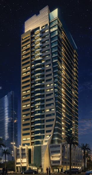 Azha View Residences Ajman – street view of residential tower podium with decorative lattice panels and palm trees