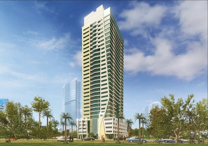 Azha View Residences Ajman – luxury residential tower exterior with lush landscaping and blue sky