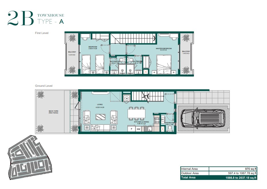 Floor plan of a two-bedroom townhouse at Reportage Village. The first floor includes two bedrooms, two bathrooms, and balconies. The ground floor features a living room, dining area, kitchen, washroom, back yard, and a two-car garage.