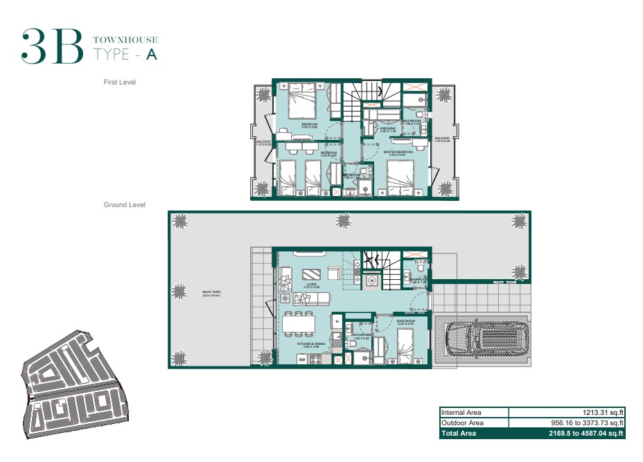 Floor plan of a three-bedroom townhouse (Type A) at Reportage Village. The first floor includes three bedrooms with en-suite bathrooms and balconies. The ground floor features a living room, dining area, kitchen, maid's room, back yard, and a two-car garage.