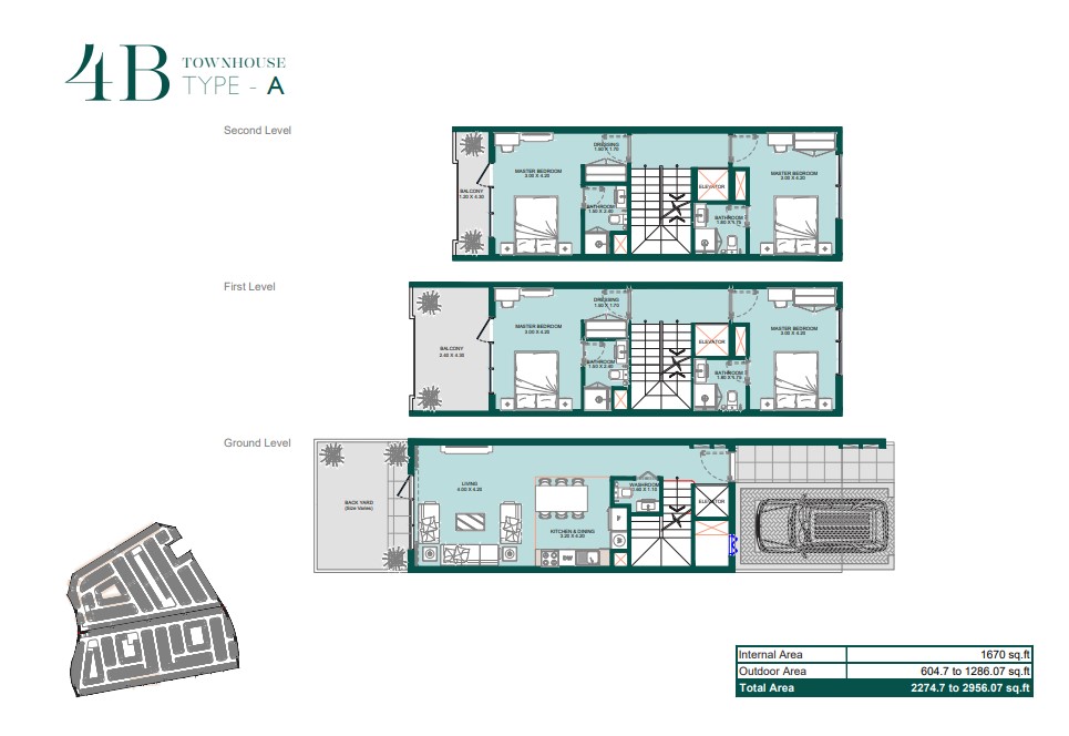 Floor plan of a four-bedroom townhouse (Type A) at Reportage Village. The second floor includes four bedrooms with en-suite bathrooms and balconies. The first floor includes a living room, dining area, kitchen, maid's room, and a guest bathroom. The ground floor features a living room, dining area, kitchen, family room, powder room, back yard, and a two-car garage. Internal area: 1670 sq.ft. Outdoor area: 604.7 to 1286.07 sq.ft. Total area: 2274.7 to 2956.07 sq.ft.