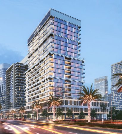 Binghatti Trillionaire Residence, a 19-story luxury apartment building with waterfront views, located in Dubai's Business Bay district by Binghatti Developers.