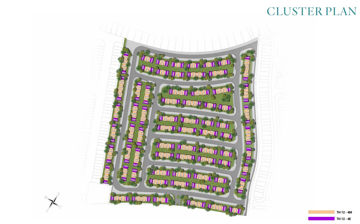 Aerial view of the verona damac hills2 cluster plan, showcasing the layout of townhouses, green spaces, and amenities.