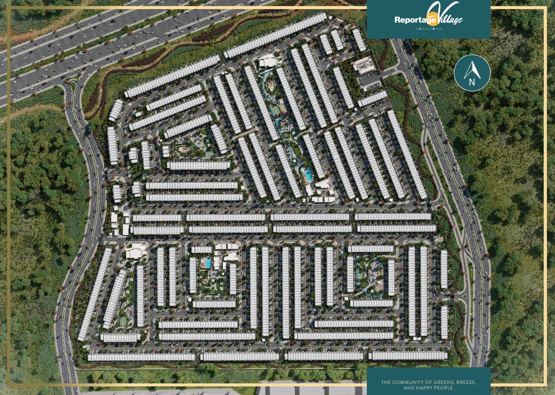 Aerial view of the Reportage Village master plan, showcasing the layout of townhouses, green spaces, and amenities.