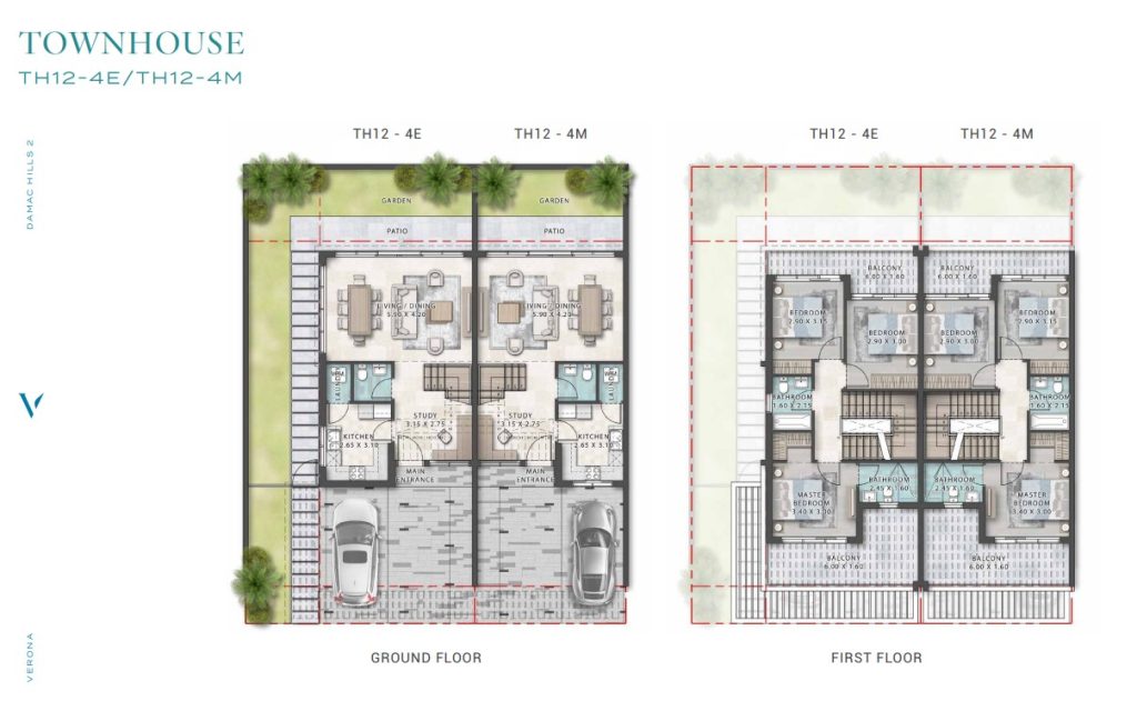 Floor plan for two townhouse units (TH12-4E and TH12-4M) at Verona, Damac Hills 2. The ground floor includes a living room, dining area, kitchen, patio, and garden. The first floor features bedrooms, bathrooms, and balconies.