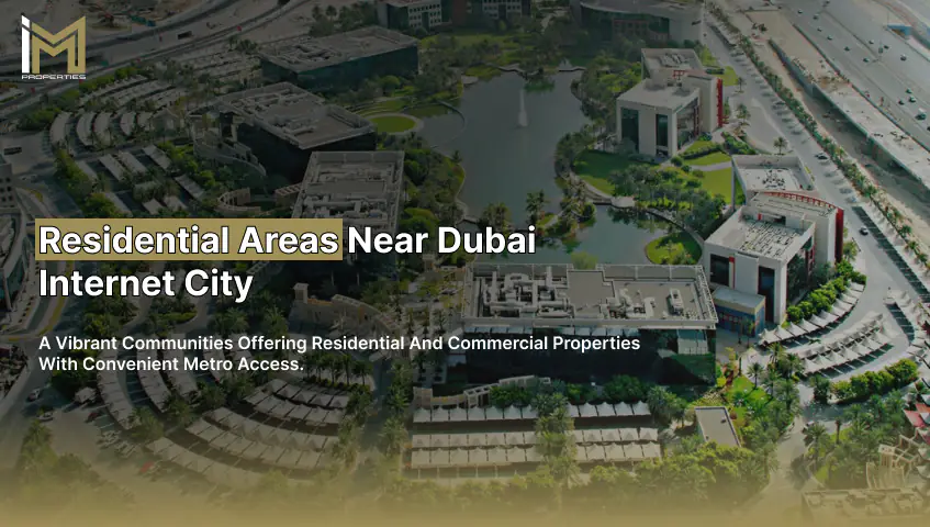 Aerial view of residential areas near Dubai Internet City, showcasing modern buildings and a central lake