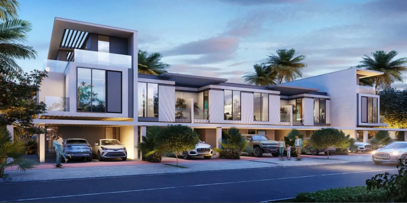 Modern townhouses with spacious balconies and private parking in DAMAC Sun City, Dubai.