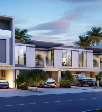 Modern townhouses with spacious balconies and private parking in DAMAC Sun City, Dubai.