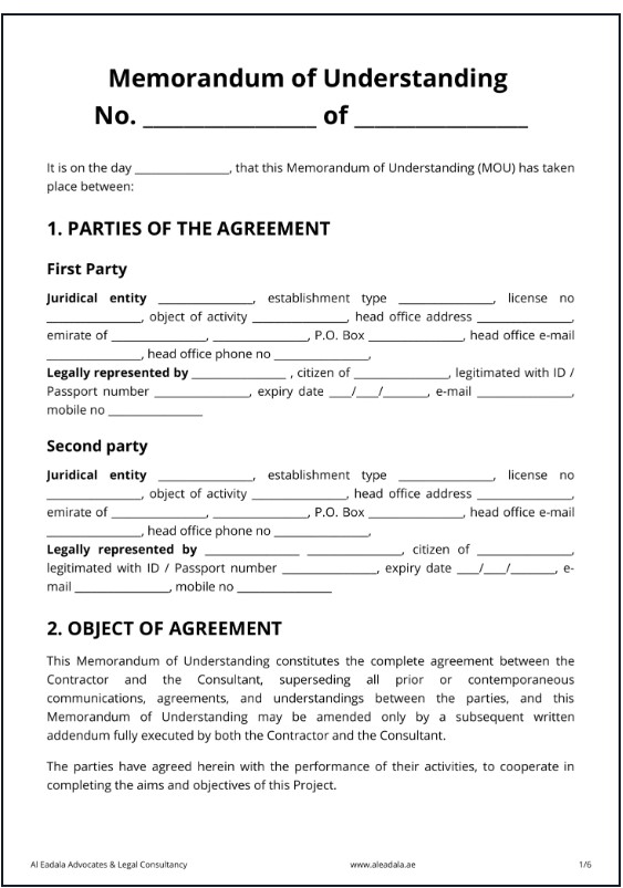 a template of MOU in Dubai real estate