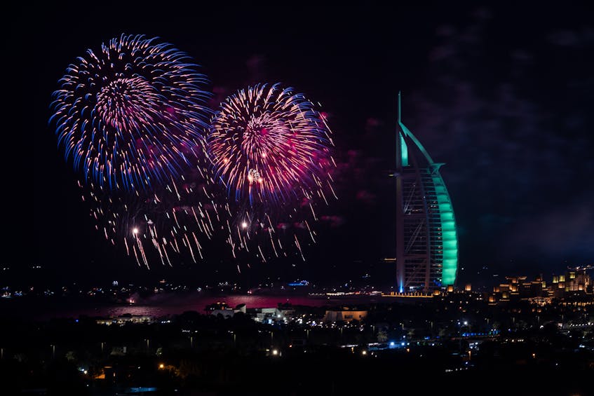 Fireworks display over Burj Al Arab during a public holiday in UAE 2025, showcasing festive celebrations in Dubai.