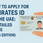 Illustration showing step-by-step process on how to apply Emirates ID in the UAE, including documents, biometrics, and ICP portal access in 2025
