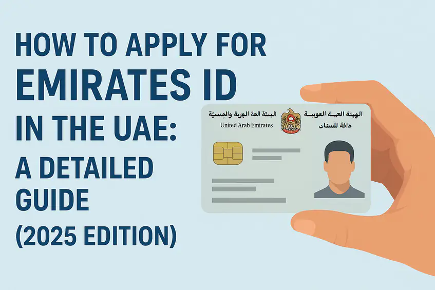 Illustration showing step-by-step process on how to apply Emirates ID in the UAE, including documents, biometrics, and ICP portal access in 2025